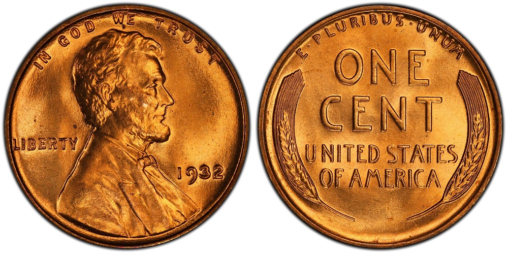 Side-by-side comparison of normal 1932 wheat penny versus an off-center strike error coin with shifted design